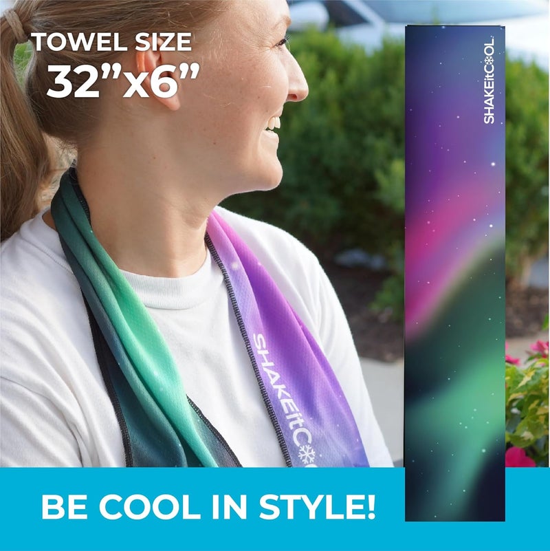 SHAKEitCOOL Original Cooling Towel – Be Cool in Style - Heat Relief, Soft, Lightweight, Sun Protection, Easy Clean - Perfect for Biking, Running, Yoga, Gym, Gardening - Aurora - Image 3
